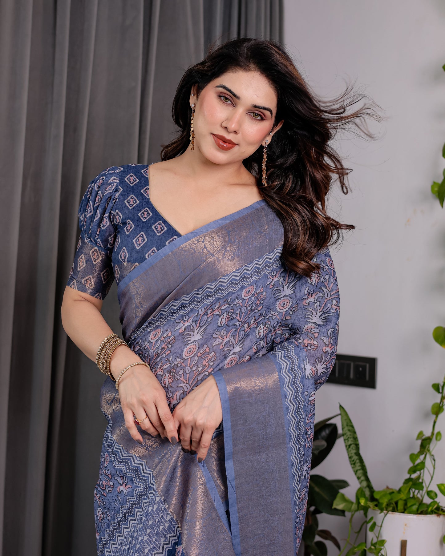 Dusty Blue Pure Handloom Linen Saree with All-Over Floral Vine Print & Zari Border | Geometric Pallu & Tassels | 5.5m Saree + 0.8m Blouse