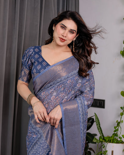 Dusty Blue Pure Handloom Linen Saree with All-Over Floral Vine Print & Zari Border | Geometric Pallu & Tassels | 5.5m Saree + 0.8m Blouse