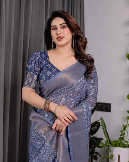 Dusty Blue Pure Handloom Linen Saree with All-Over Floral Vine Print & Zari Border | Geometric Pallu & Tassels | 5.5m Saree + 0.8m Blouse