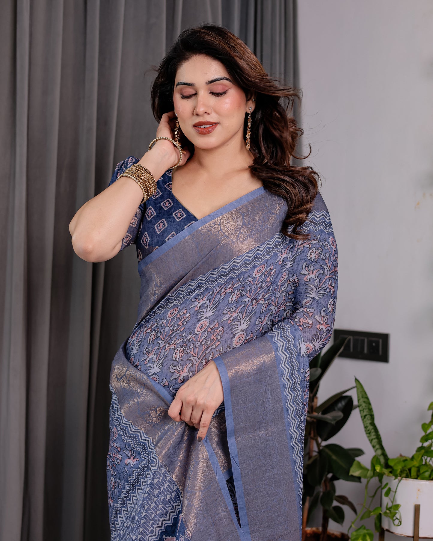 Dusty Blue Pure Handloom Linen Saree with All-Over Floral Vine Print & Zari Border | Geometric Pallu & Tassels | 5.5m Saree + 0.8m Blouse