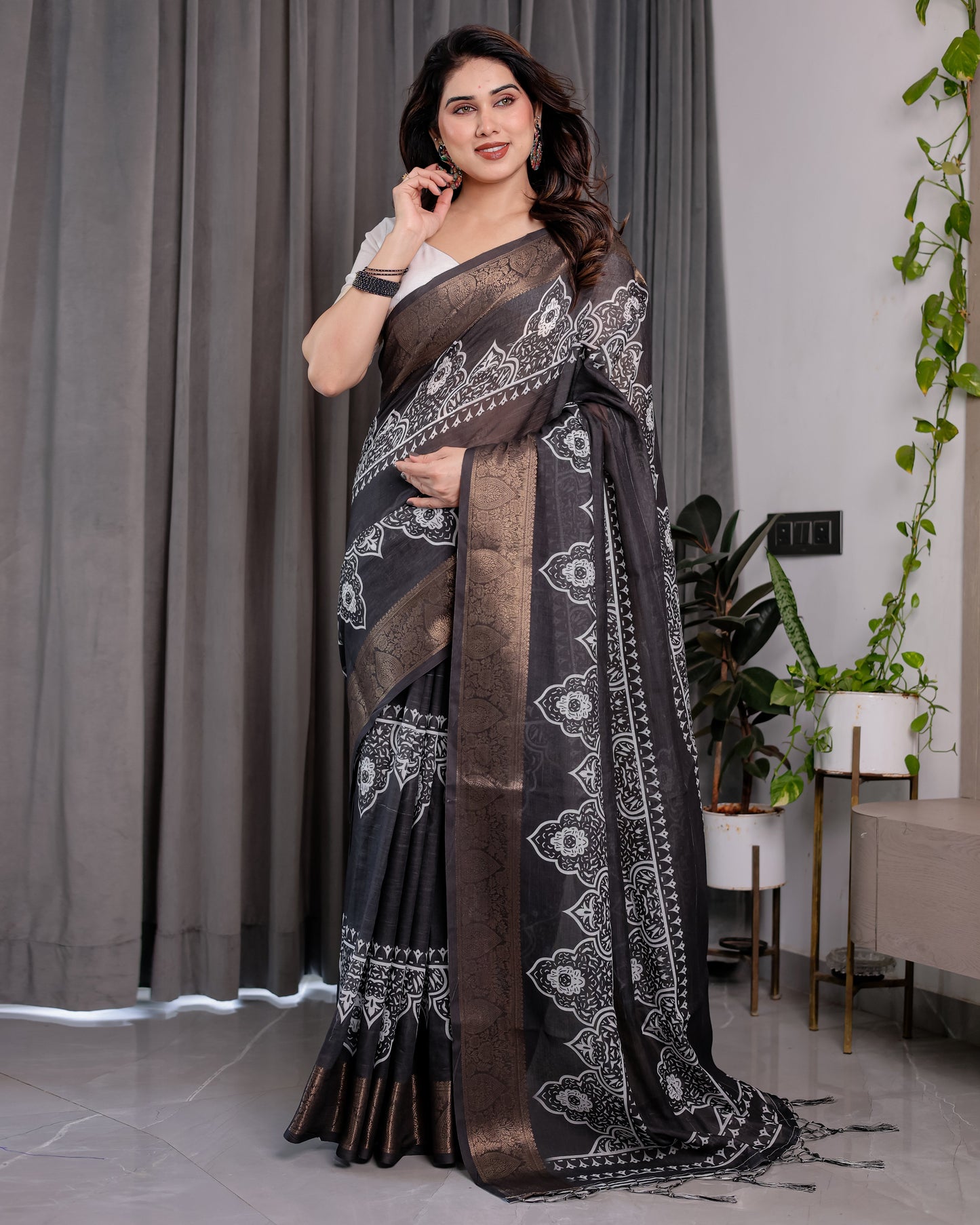 Black Handloom Linen Saree with White Floral Mandala Print, Zari Border & Tassel Pallu | 5.5m Saree + 0.8m Blouse