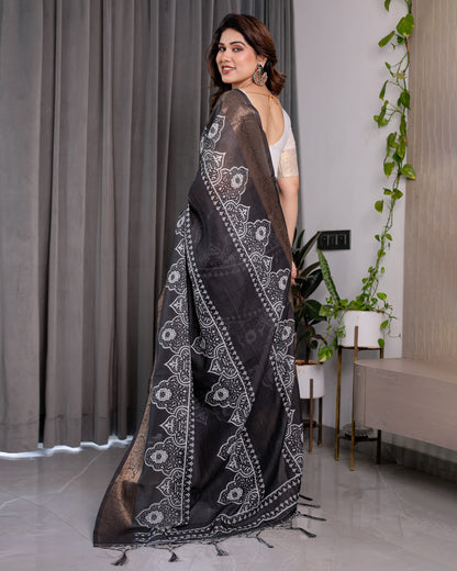 Black Handloom Linen Saree with White Floral Mandala Print, Zari Border & Tassel Pallu | 5.5m Saree + 0.8m Blouse