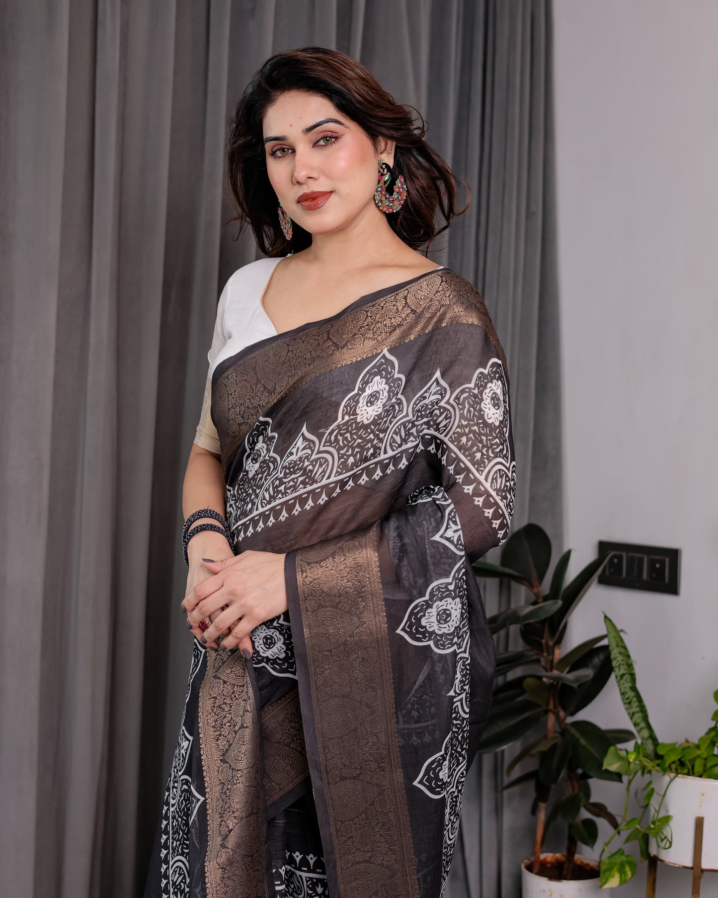 Black Handloom Linen Saree with White Floral Mandala Print, Zari Border & Tassel Pallu | 5.5m Saree + 0.8m Blouse
