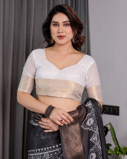 Black Handloom Linen Saree with White Floral Mandala Print, Zari Border & Tassel Pallu | 5.5m Saree + 0.8m Blouse