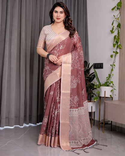 Maroon Handloom Linen Saree with White Floral Prints & Circular Mandala Pallu | Zari Border | 5.5m Saree + 0.8m Blouse with Tassels