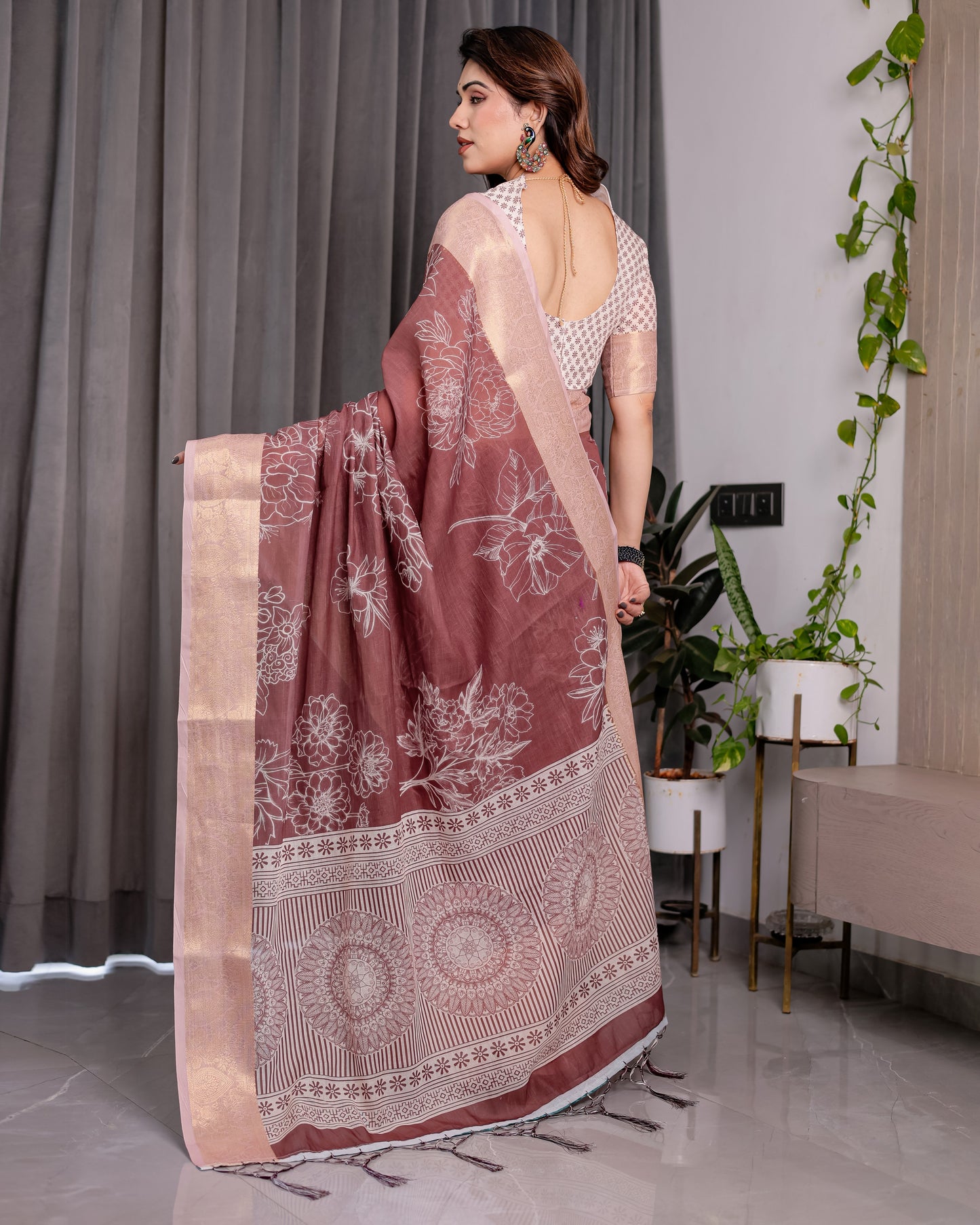 Maroon Handloom Linen Saree with White Floral Prints & Circular Mandala Pallu | Zari Border | 5.5m Saree + 0.8m Blouse with Tassels
