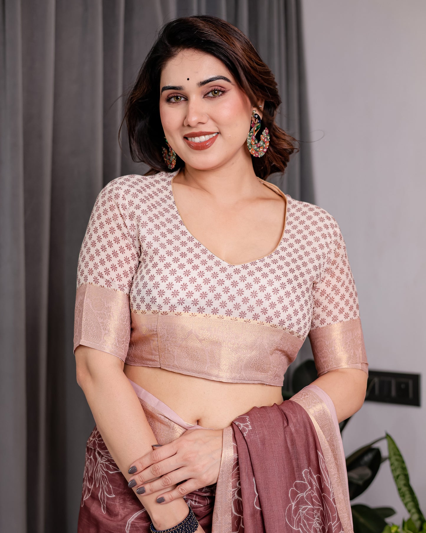 Maroon Handloom Linen Saree with White Floral Prints & Circular Mandala Pallu | Zari Border | 5.5m Saree + 0.8m Blouse with Tassels