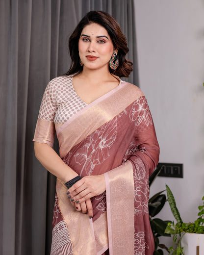 Maroon Handloom Linen Saree with White Floral Prints & Circular Mandala Pallu | Zari Border | 5.5m Saree + 0.8m Blouse with Tassels