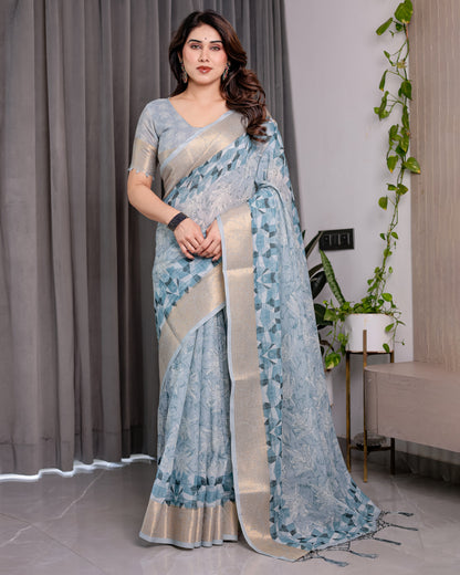 Sky Blue Handloom Linen Saree with Feather Leaf Print, Geometric Pallu & Zari Border | 5.5m Saree + 0.8m Blouse Piece