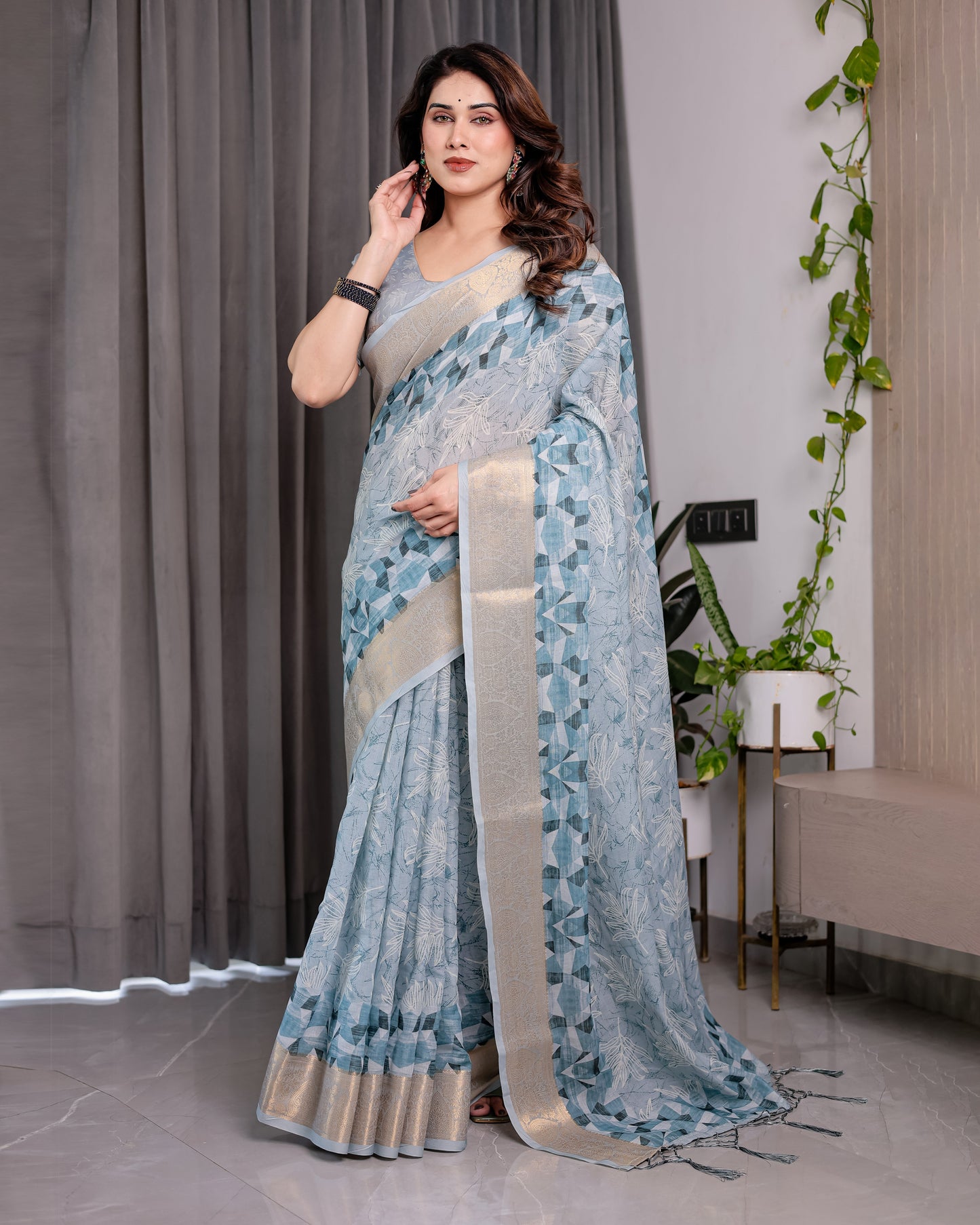 Sky Blue Handloom Linen Saree with Feather Leaf Print, Geometric Pallu & Zari Border | 5.5m Saree + 0.8m Blouse Piece