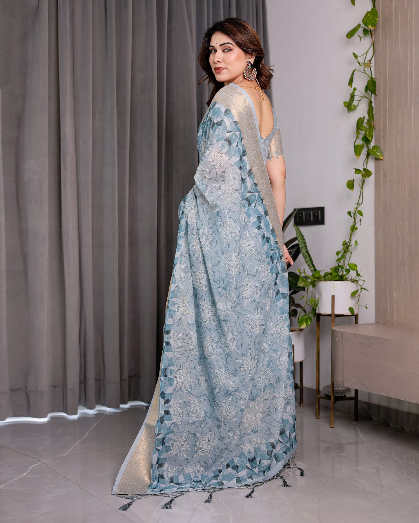 Sky Blue Handloom Linen Saree with Feather Leaf Print, Geometric Pallu & Zari Border | 5.5m Saree + 0.8m Blouse Piece