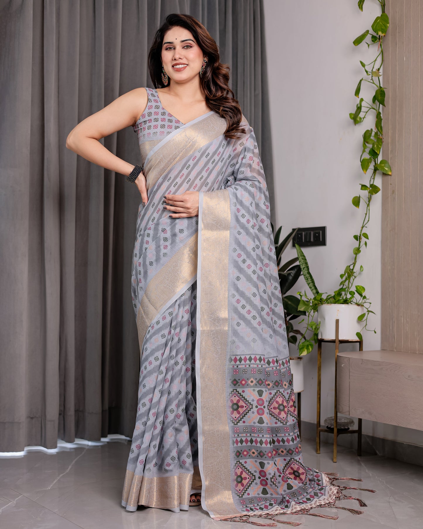 Pastel Grey Handloom Linen Saree with Multicolor Tribal Geometric Pallu & Zari Border | Tassels | 5.5m Saree + 0.8m Blouse