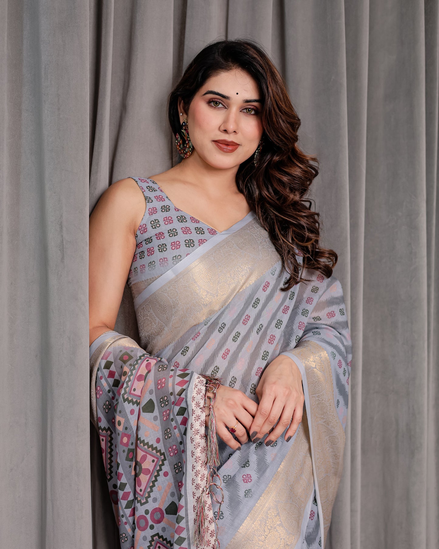 Pastel Grey Handloom Linen Saree with Multicolor Tribal Geometric Pallu & Zari Border | Tassels | 5.5m Saree + 0.8m Blouse