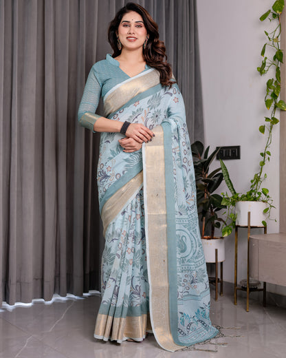 Pastel Aqua Blue Handloom Linen Saree with Peacock & Floral Digital Print, Zari Border & Tassel Pallu | 5.5m Saree + 0.8m Blouse