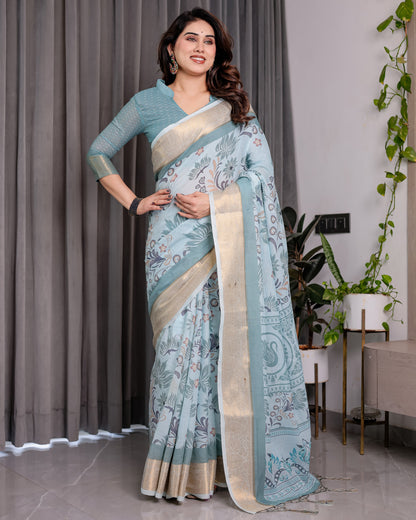 Pastel Aqua Blue Handloom Linen Saree with Peacock & Floral Digital Print, Zari Border & Tassel Pallu | 5.5m Saree + 0.8m Blouse