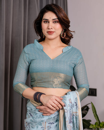 Pastel Aqua Blue Handloom Linen Saree with Peacock & Floral Digital Print, Zari Border & Tassel Pallu | 5.5m Saree + 0.8m Blouse