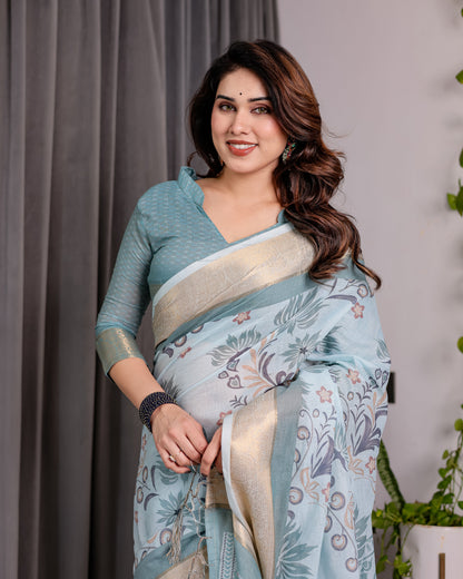 Pastel Aqua Blue Handloom Linen Saree with Peacock & Floral Digital Print, Zari Border & Tassel Pallu | 5.5m Saree + 0.8m Blouse