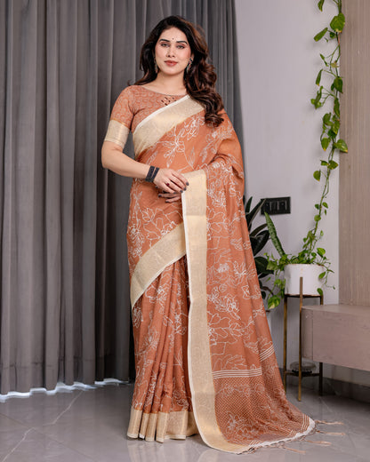 Rust Brown Handloom Linen Saree with White Floral Print, Zari Border & Tassel Pallu | 5.5m Saree + 0.8m Blouse