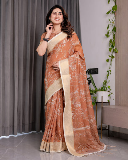 Rust Brown Handloom Linen Saree with White Floral Print, Zari Border & Tassel Pallu | 5.5m Saree + 0.8m Blouse