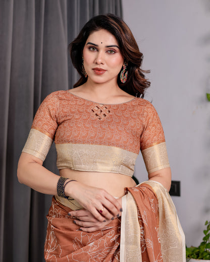 Rust Brown Handloom Linen Saree with White Floral Print, Zari Border & Tassel Pallu | 5.5m Saree + 0.8m Blouse