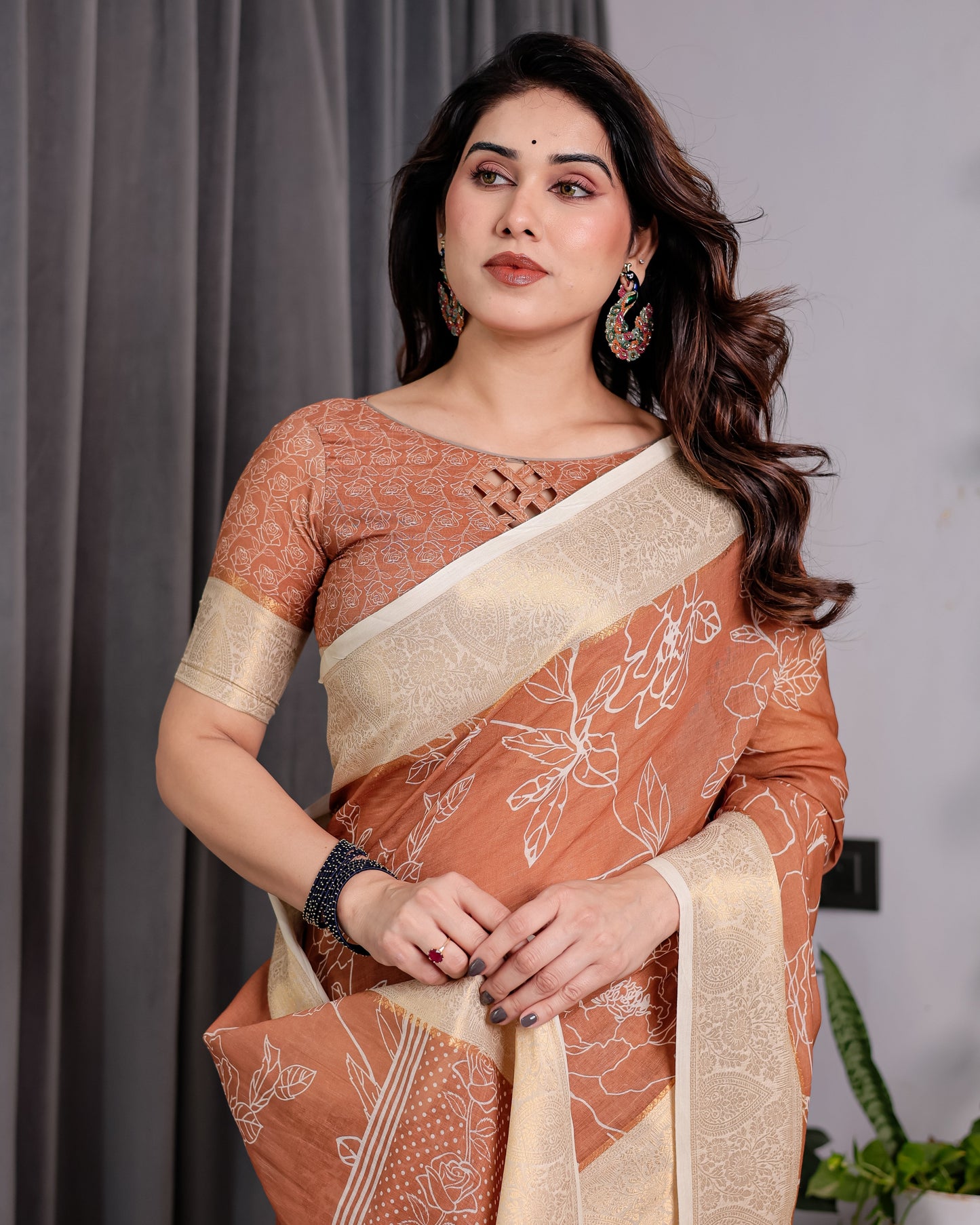 Rust Brown Handloom Linen Saree with White Floral Print, Zari Border & Tassel Pallu | 5.5m Saree + 0.8m Blouse