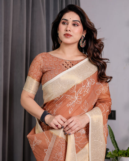 Rust Brown Handloom Linen Saree with White Floral Print, Zari Border & Tassel Pallu | 5.5m Saree + 0.8m Blouse