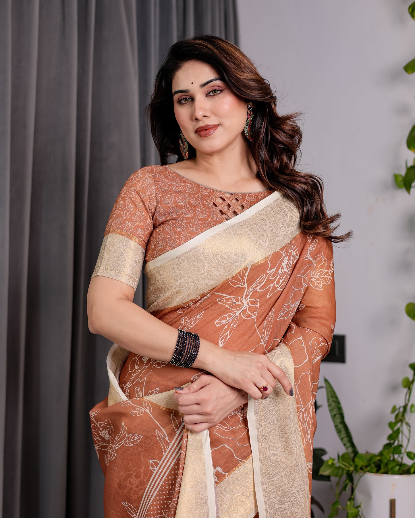 Rust Brown Handloom Linen Saree with White Floral Print, Zari Border & Tassel Pallu | 5.5m Saree + 0.8m Blouse