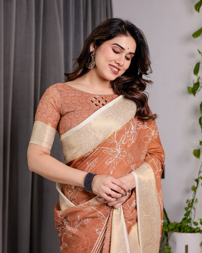 Rust Brown Handloom Linen Saree with White Floral Print, Zari Border & Tassel Pallu | 5.5m Saree + 0.8m Blouse