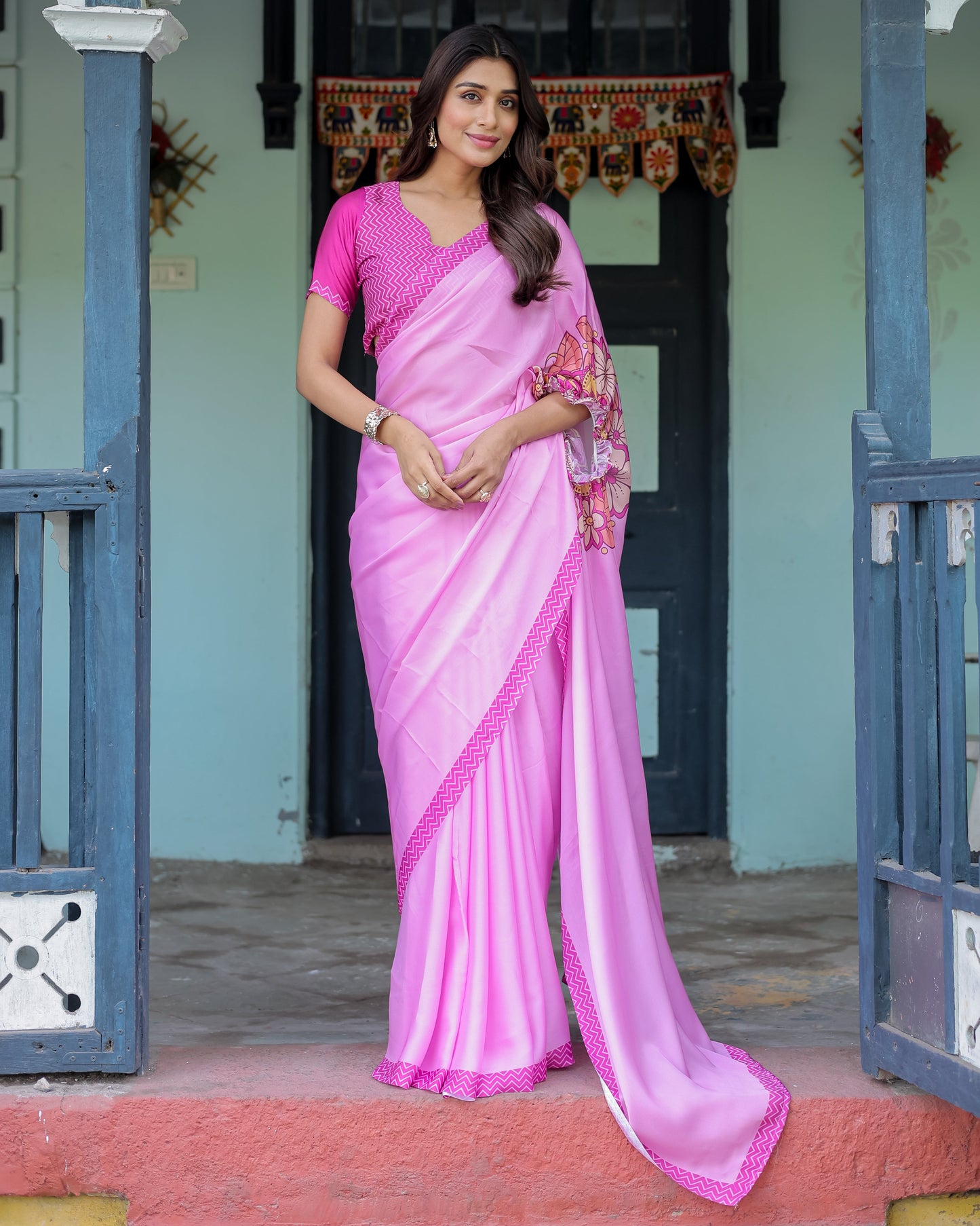 Pastel Pink Designer Freehand Saree with Floral Pallu & Zigzag Blouse | Satin Georgette | Handsfree Draping Feature
