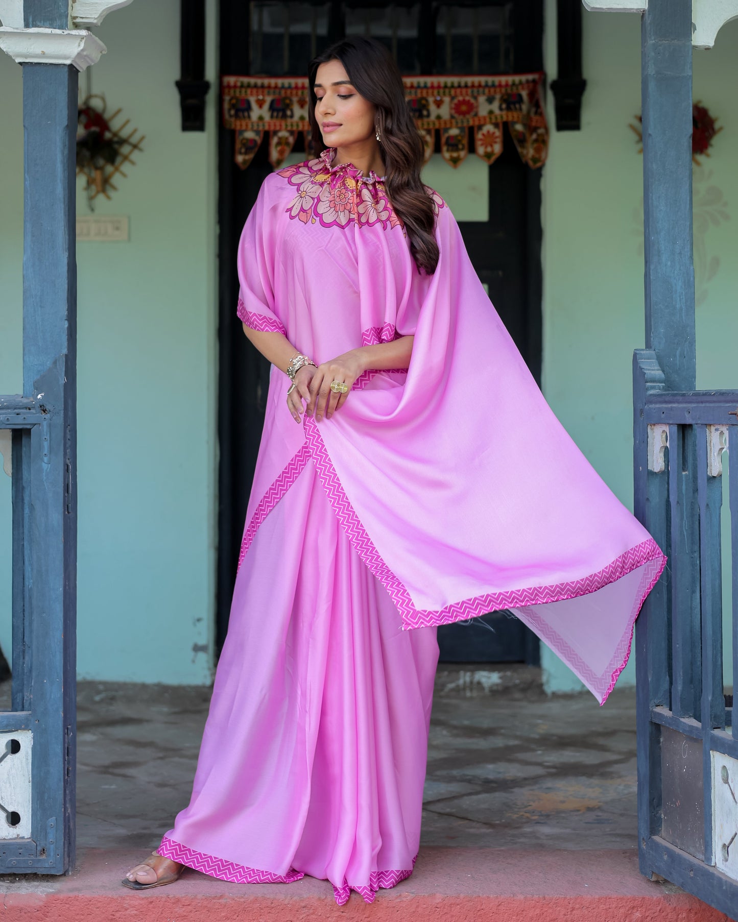 Pastel Pink Designer Freehand Saree with Floral Pallu & Zigzag Blouse | Satin Georgette | Handsfree Draping Feature