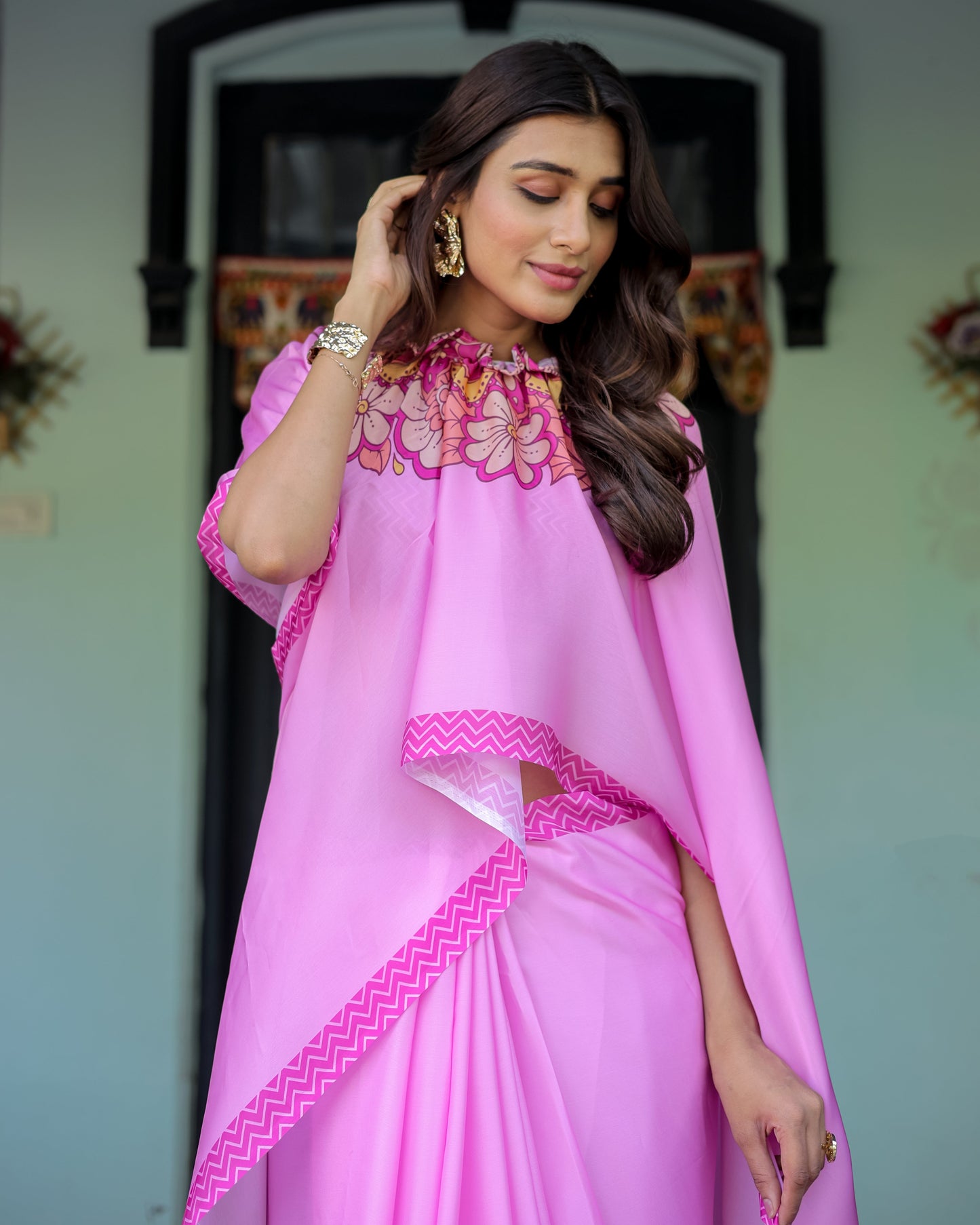 Pastel Pink Designer Freehand Saree with Floral Pallu & Zigzag Blouse | Satin Georgette | Handsfree Draping Feature