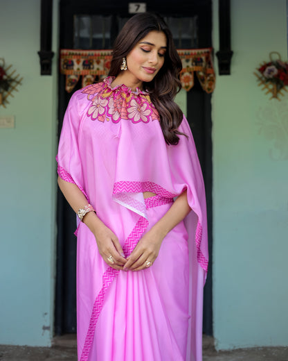Pastel Pink Designer Freehand Saree with Floral Pallu & Zigzag Blouse | Satin Georgette | Handsfree Draping Feature