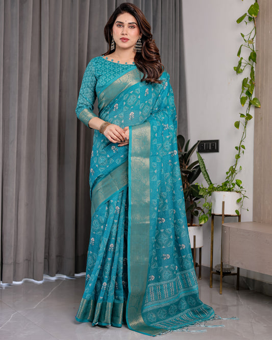 Teal Blue Handloom Linen Printed Saree with Rose Motifs & Zari Border | Pallu with Buttis & Tassels | 5.5m Saree + 0.8m Blouse