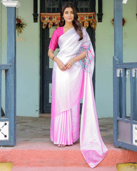 White & Pink Ombré Designer Freehand Saree with Geometric Pallu Art & Rani Pink Blouse | Satin Georgette | Handsfree Pallu Design