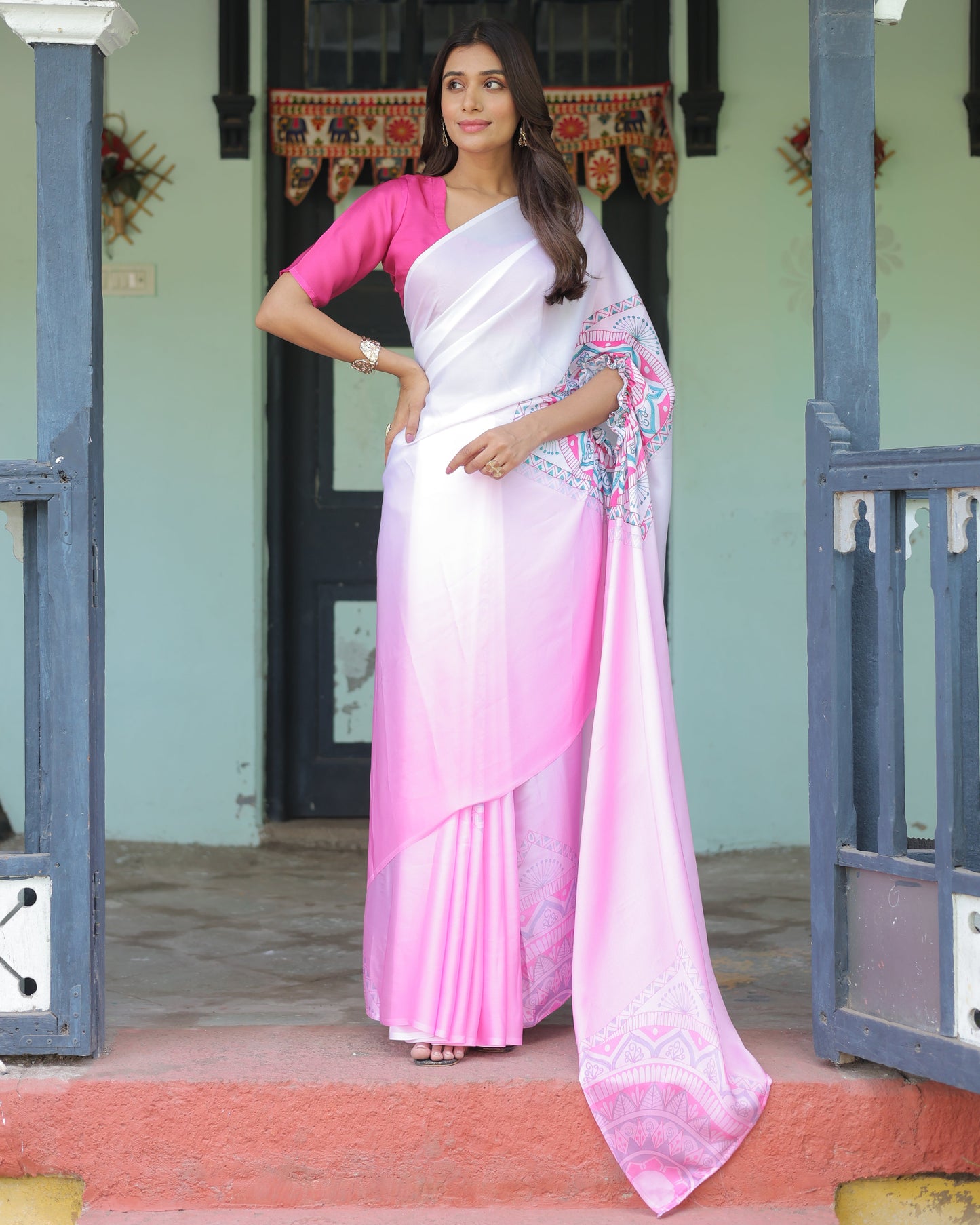 White & Pink Ombré Designer Freehand Saree with Geometric Pallu Art & Rani Pink Blouse | Satin Georgette | Handsfree Pallu Design