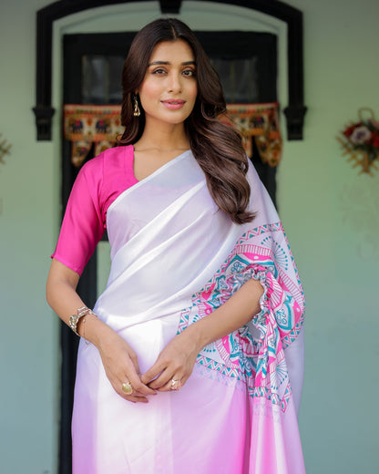 White & Pink Ombré Designer Freehand Saree with Geometric Pallu Art & Rani Pink Blouse | Satin Georgette | Handsfree Pallu Design