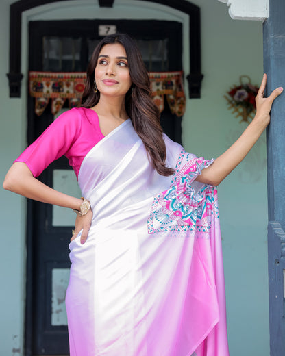 White & Pink Ombré Designer Freehand Saree with Geometric Pallu Art & Rani Pink Blouse | Satin Georgette | Handsfree Pallu Design