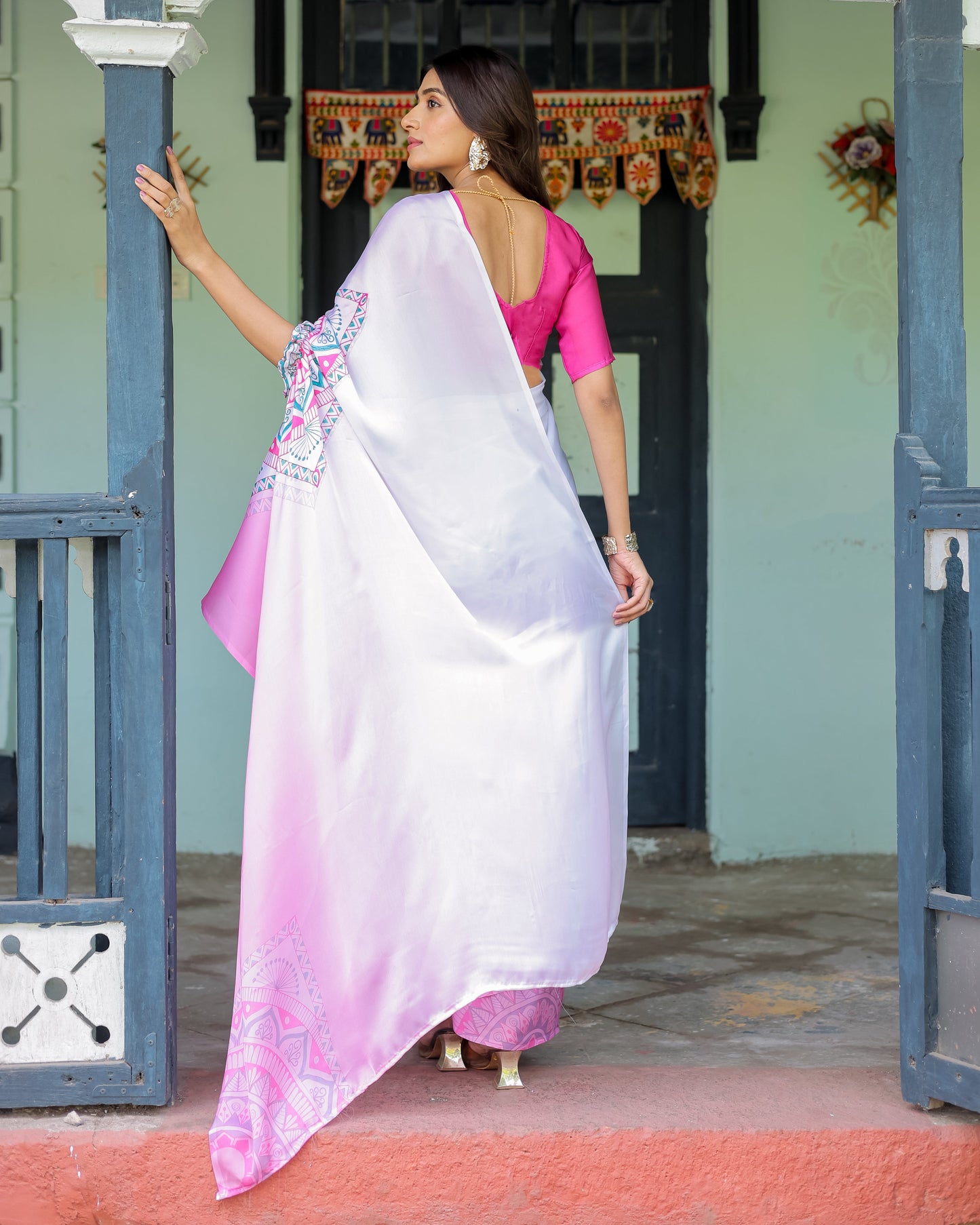 White & Pink Ombré Designer Freehand Saree with Geometric Pallu Art & Rani Pink Blouse | Satin Georgette | Handsfree Pallu Design