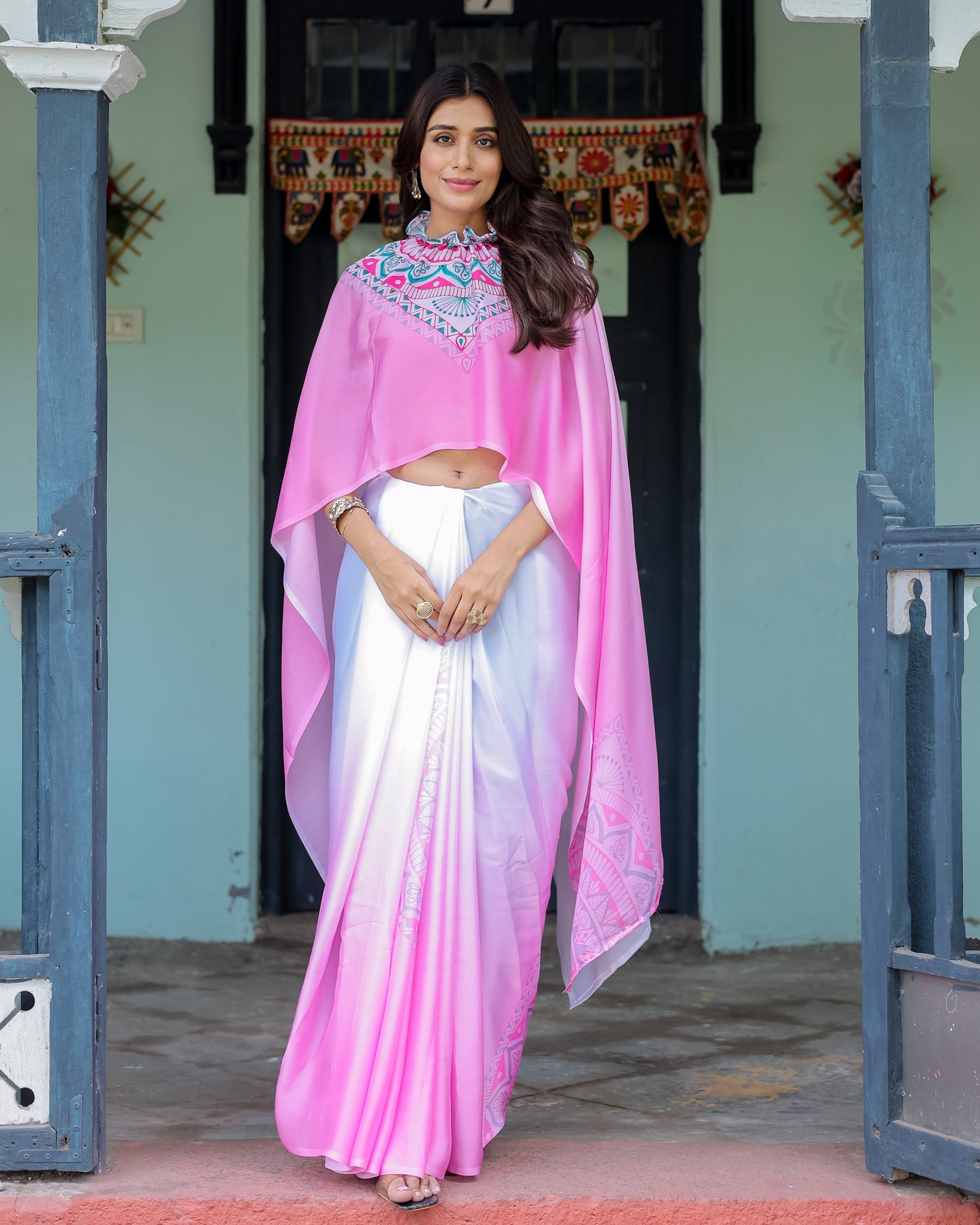 White & Pink Ombré Designer Freehand Saree with Geometric Pallu Art & Rani Pink Blouse | Satin Georgette | Handsfree Pallu Design