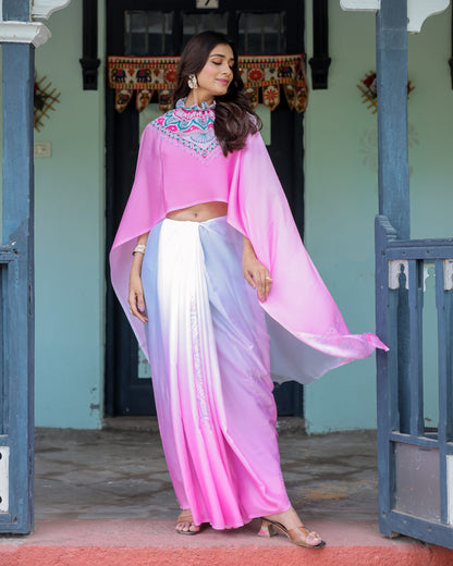 White & Pink Ombré Designer Freehand Saree with Geometric Pallu Art & Rani Pink Blouse | Satin Georgette | Handsfree Pallu Design