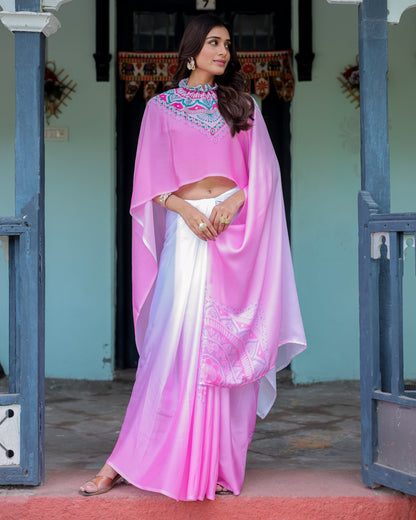 White & Pink Ombré Designer Freehand Saree with Geometric Pallu Art & Rani Pink Blouse | Satin Georgette | Handsfree Pallu Design
