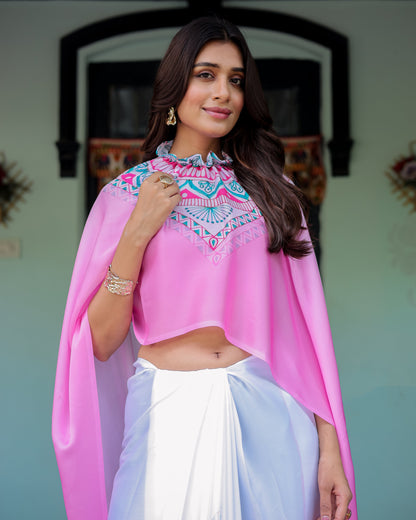 White & Pink Ombré Designer Freehand Saree with Geometric Pallu Art & Rani Pink Blouse | Satin Georgette | Handsfree Pallu Design