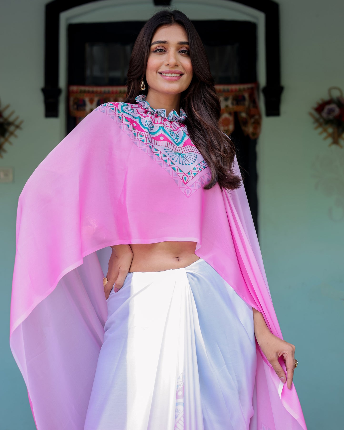 White & Pink Ombré Designer Freehand Saree with Geometric Pallu Art & Rani Pink Blouse | Satin Georgette | Handsfree Pallu Design