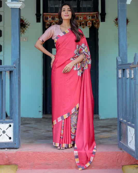 Coral Red Designer Freehand Saree with Mandala Pallu & Multicolor Border | Satin Georgette | Hole-in-the-Pallu Feature