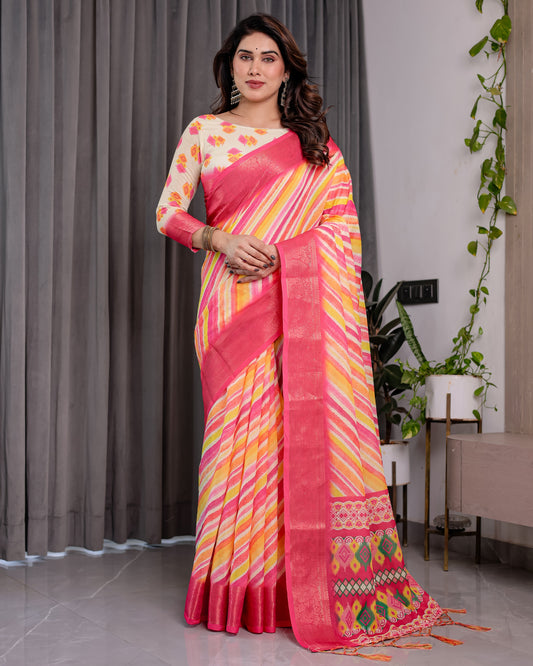 Multicolor Striped Handloom Linen Saree with Pink Geometric Pallu & Zari Border | 5.5m Saree + 0.8m Attached Blouse with Tassels
