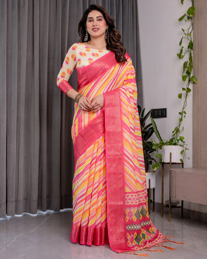 Multicolor Striped Handloom Linen Saree with Pink Geometric Pallu & Zari Border | 5.5m Saree + 0.8m Attached Blouse with Tassels