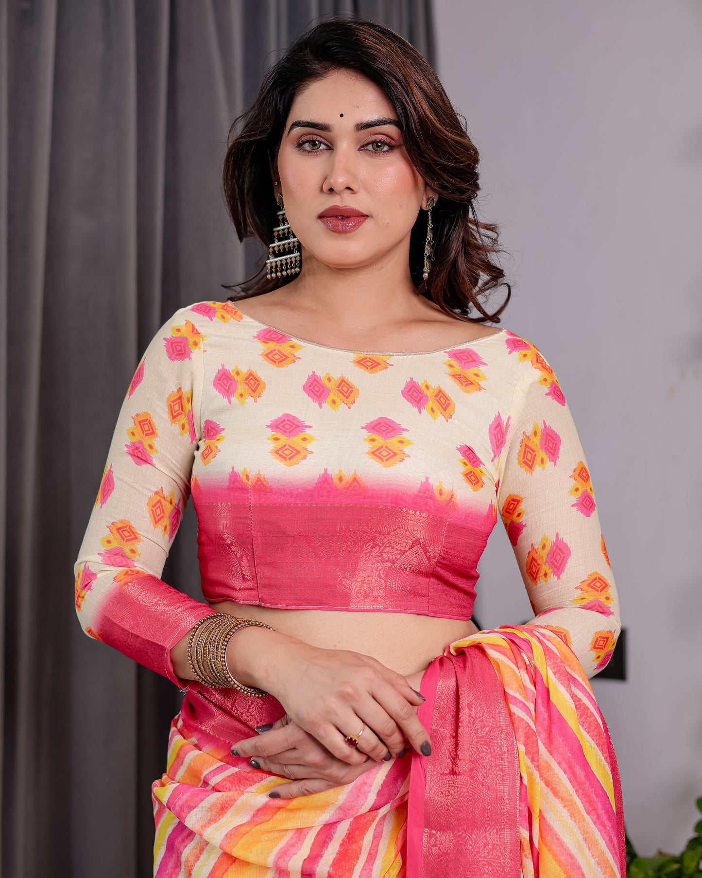 Multicolor Striped Handloom Linen Saree with Pink Geometric Pallu & Zari Border | 5.5m Saree + 0.8m Attached Blouse with Tassels