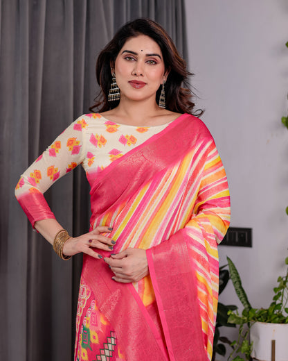 Multicolor Striped Handloom Linen Saree with Pink Geometric Pallu & Zari Border | 5.5m Saree + 0.8m Attached Blouse with Tassels