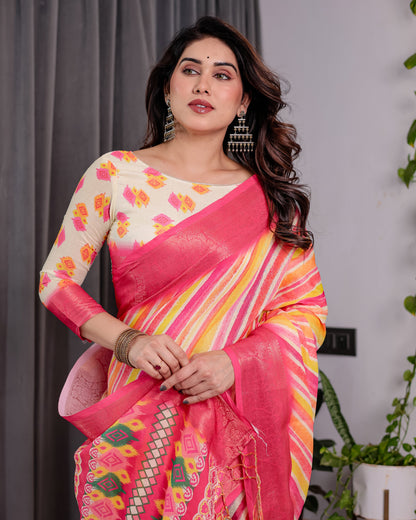 Multicolor Striped Handloom Linen Saree with Pink Geometric Pallu & Zari Border | 5.5m Saree + 0.8m Attached Blouse with Tassels