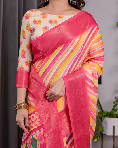 Multicolor Striped Handloom Linen Saree with Pink Geometric Pallu & Zari Border | 5.5m Saree + 0.8m Attached Blouse with Tassels